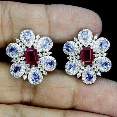 Pendientes de plata de ley 925 rubí octágono 7x5 mm joyas de piedras preciosas de tanzanita Foto 1 de 4