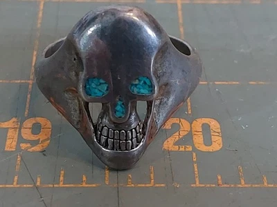 G&S Vintage 1989 Skulls Biker Ring Mens Sz 13.5 Silver Tone with Turquoise Eyes - Image 1 of 4