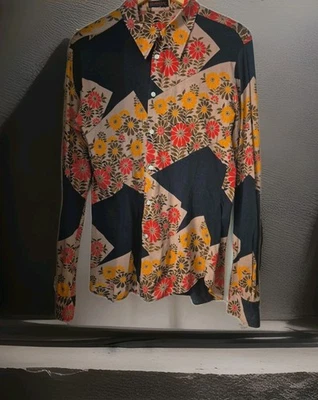 VTG  Retro Mod 70s  Custo Barcelona Shirt  Metallic Bronze Floral Silk Blend  S - Image 1 of 4