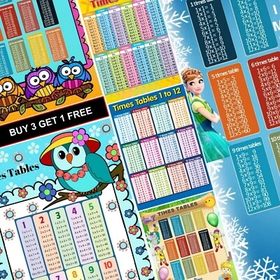 Times Tables A4 A3 Poster Wall Chart Education Kids Multiplication Maths School - Image 1 of 3