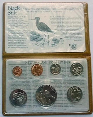 1985 NEW ZEALAND - OFFICIAL MINT BU SET (7) w/ BLACK STILT BIRD $1 - RAM w/ COA - Image 1 of 4