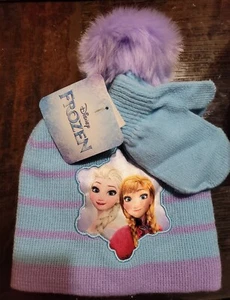DISNEY FROZEN ANNA ELSA Knit Winter Beanie Hat & Mittens Set w/ Pom-Pom  - Picture 1 of 2