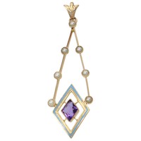 10k Yellow Gold Amethyst Seed Pearl Antique Art Deco Filigree Necklace Pendant