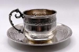 Tazza da tè e piattino francese in argento 950 Belle Epoque c.1900 - Foto 1 di 12