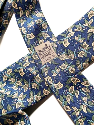 HERMES ВИНТАЖНЫЙ ЭКЗОТИЧЕСКИЙ БАБОЧКА ГАЛСТУК ЦВЕТОК ПРИРОДЫ ЖИВОТНЫХ ВЫСОКОГО КЛАССА ЖЕЛТЫЙ СИНИЙ - Изображение 1 из 4