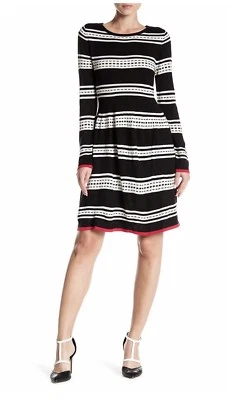 Nuevo con etiquetas Vestido Suéter Eliza J Manga Larga Geo Rayas Ajuste y Acampanado L Foto 1 de 4