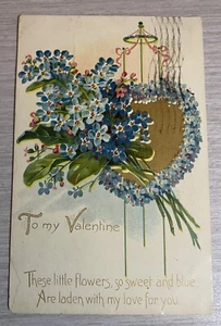 Postal Tuck’s To My Valentine flores azules en relieve antiguas - Imagen 1 de 2