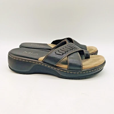 Sandalias de cuero marrón MIA para mujer 6M informales sin cordones plataforma cuña deslizable Brasil Foto 1 de 4