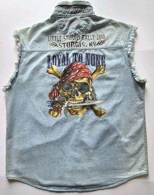 Little Sturgis 2010 KY Denim Chaleco Motociclista Para Hombres 2XL Denim Sin Mangas Calavera Botón  Foto 1 de 4