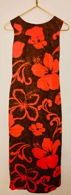 VESTIDO DE COLECCIÓN AÑOS 60 HUKILAU BARKCLOTH NARANJA FLORAL HAWAIANO TIKI MAXI CAPA ANFITRIONA*XS Foto 1 de 4