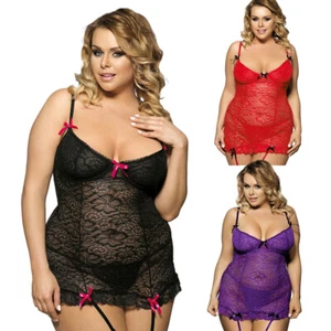 Plus Size Sexy Teddy Lingerie Sleepwear Lace Babydoll Nightgown with Garters - Picture 1 of 10
