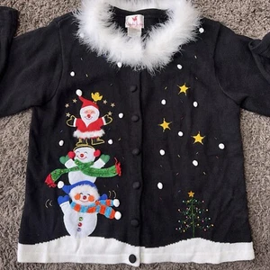 Quacker Factory Christmas Sweater Santa Tree Snowman Fuzzy Collar Beads Cardigan - Picture 1 of 10