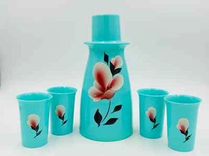 MCM Dow Styron Plastic Floral Water Carafe With Lid And Four Cups - Picture 1 of 8