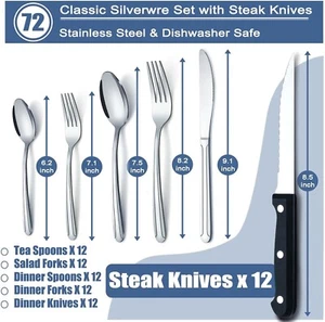 72 Pc Silverware Set for 12 Stainless Steel Flatware Cutlery Utensil Kitchen New - Picture 1 of 7