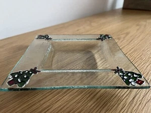 6” Square frosted Glass Serving Dish Christmas Trees Design Christmas Day Lunch - Picture 1 of 6