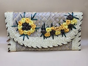 Floral Tropical Straw Clutch Purse w/Strap-1960's-Pool Parties-Vegas - Picture 1 of 8