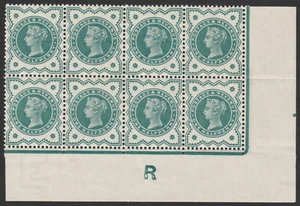 1900 JUBILEE SG213 1/2d AZUL VERDE PEINE VERTICAL PERORADOR MNH BLOQUE DE 8 ESCASO - Imagen 1 de 3