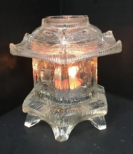 VTG LE Smith Glass CLEAR TWO PIECE FAIRY Candle Tea Light Lamp PAGODA Asian Read - Picture 1 of 18
