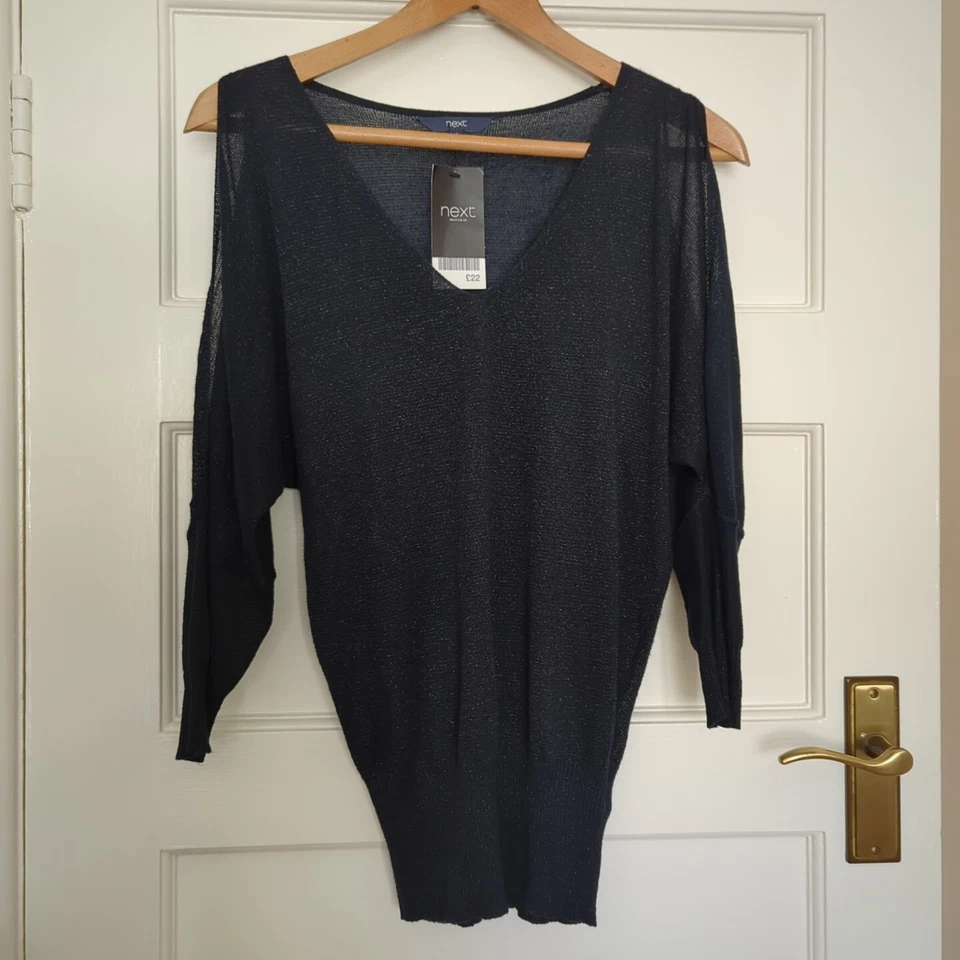Next UK 6 Navy Blue Cold Shoulder Jumper Sparkly Metallised Yarn BNWT - Image 1 of 4