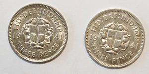 1941 x 2, 3 Pence Great Britain Silver a Lot of 2 High Grade / Value Coins - Picture 1 of 4