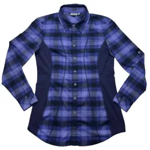 Athleta Fin Creek Blue Plaid Top with Inset Stretch Sides Size Medium - Picture 1 of 9