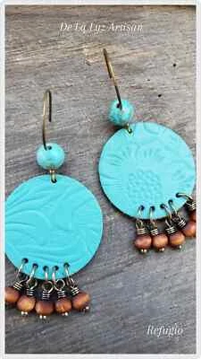 Pendientes de Cuero Turquesa Aqua Tooled Madera Boho Indie Bohemio Rancho Vaquera Foto 1 de 4
