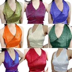 Womens Halter Neck Top Thai Silk Blend Plain Blouse Evening Sleeveless Crossover - Picture 1 of 73