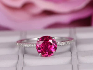 2.20 Ct Real Diamond Round Cut Ruby Engagement Ring 14K Solid White Gold Size 4 - Picture 1 of 7