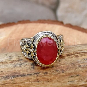 Indian Ruby Silver Ring, Two Tone Ring, Lab Created, C.Z Ring, Texture Ring - Picture 1 of 5