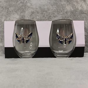 2 copas de vino sin tallo Rachel Zoe azul estrás mariposa dorada 18,26 oz - Imagen 1 de 10