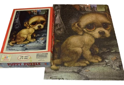 Vintage 1968 MB Pity Puppy Jigsaw Puzzle Big Sad Eye Golden Boy Dog Gig COMPLETE - Image 1 of 4