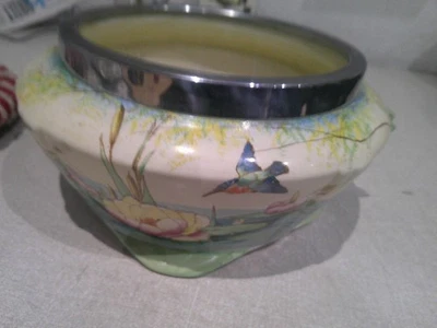 Falcon Ware Bowl With Chrome Rim 9" x 5.5" Deep Water Lilies Kingfisher - Image 1 of 4