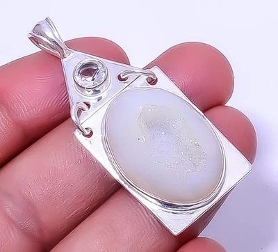 Colgante de plata de ley 925 drusa ágata opalita titanio 1,95" P81 Foto 1 de 4