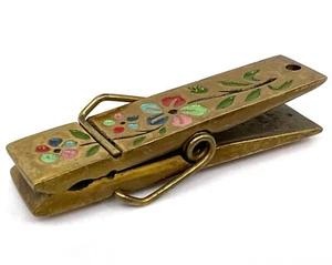 Brass Clothes Pin Peg Note Holder 3in Paperweight Painted Floral Made in Israel - Picture 1 of 13