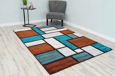 Premium Carved Modern Contemporary Abstract Rug 3995 Turquoise Brown 2'7''x4' - Image 1 of 4