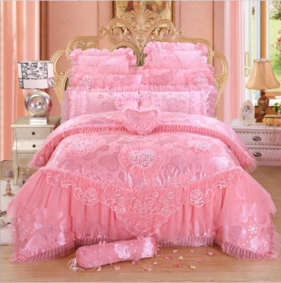 4/6/8pcs Red Pink Lace Princess Bedding Set Luxury Wedding Bed Set Quilt Cover - Image 1 of 4