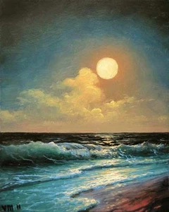 46- 16"x 20" GALLERY WRAP CANVAS ART PRINT SEASCAPE Surf Shore Ocean Moon Night - Picture 1 of 1