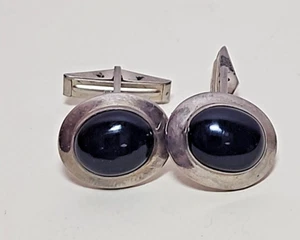 Vintage Sterling Oval Black Onyx Cufflink Set JGBX28 - Picture 1 of 3