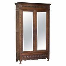 CARVED DUTCH ANTIQUE CIRCA 1880 ARMOIRE FOLDED LINED WARDROBE MIRRORED DOORS