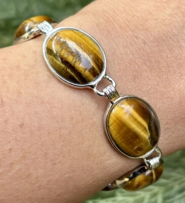 Brazalete brazalete chapado en oro blanco joyería, plata alemana ojo de tigre amarillo 7,5 pulgadas Foto 1 de 4