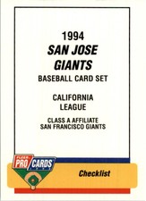 1994 San Jose Giants Fleer/ProCards #2836 Checklist