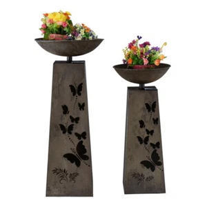 SET 2 NESTED BUTTERFLY PILLAR PLANTERS W SOLAR LED LIGHTS 82CM, 68CM - Picture 1 of 4