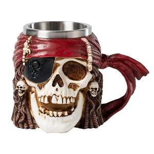 Skull Mug Caribbean Pirate Bandana Beer Coffee Mugs with Handle, Stainless St... - Picture 1 of 8