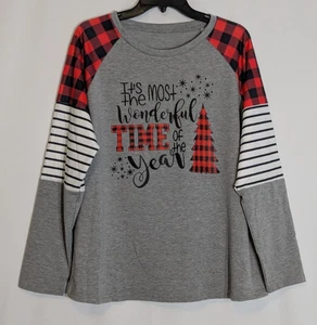 Christmas Top, Gray & Red Plaid, Lightweight Fleece Long Sleeve; Size L - Picture 1 of 4