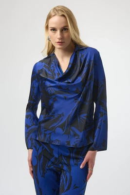 Top Joseph Ribkoff Negro/Zafiro Real Estampado Floral Capucha Cuello Mangas Largas 2542 Foto 1 de 4