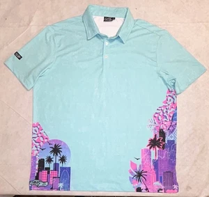 Sunday Swagger Polo Shirt Mens XL Blue Palm Tree City Golf Performance Stretch - Picture 1 of 5