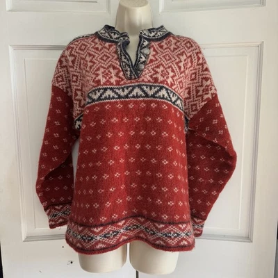 Vintage LL Bean Sweater L Red Nordic Fair Isle Metal Buttons Wool Blend USA - Image 1 of 4