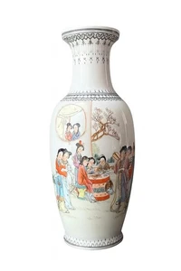 Vintage Famille Rose chinesische Porzellan Vase, Garten, Figuren + Gedicht, 12,25" T. - Bild 1 von 15
