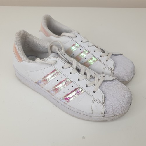 Adidas Superstar Scarpe da Ginnastica Ragazze UK 2.5 Bianco Metallizzato Strisce Pesca Sneakers