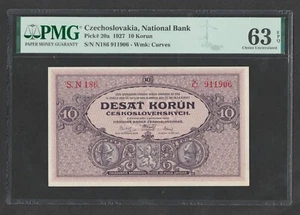 Czechoslovakia 10 Korun 1927 year P-20a UNC PMG63EPQ - Picture 1 of 1